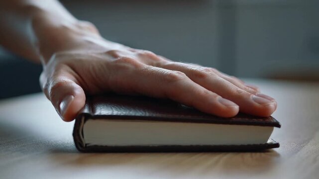 Entering right hand sliding and resting on leather notebook on wood table steadying by bare forearm