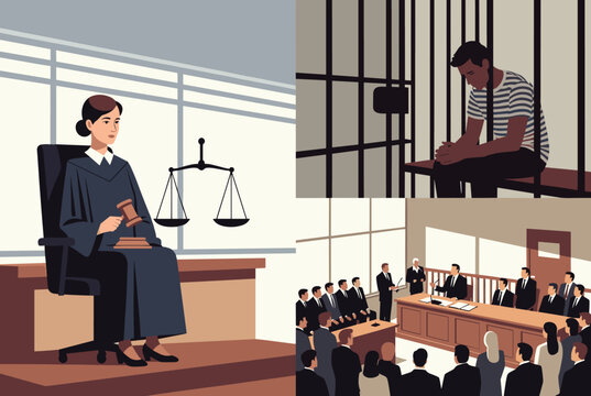 Three panel flat illustration representing the justice system from courtroom trial to judge sentencing and prison.
