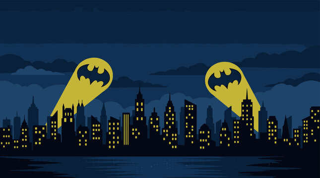 Comic city skyline at night with yellow bat signals projected onto dark clouds.