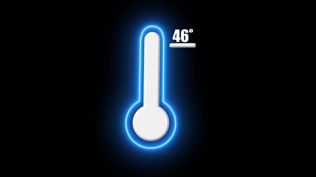 Neon thermometer showing temperature 46 degrees celsius on black background, heat climate weather