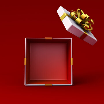 Blank gift box mockup exhibition booth products display mockup stand or opened present box tied with gold ribbon bow isolated on dark red background with shadow creative idea conceptual 3D rendering