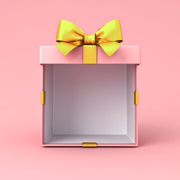 Blank pink gift box mockup exhibition booth products display stand showcase or opened present box tied with gold ribbon bow isolated on pink pastel background creative idea conceptual 3D rendering