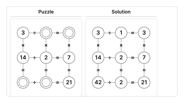 Mathematical logic puzzle and solution showing division and multiplication equations in a grid format