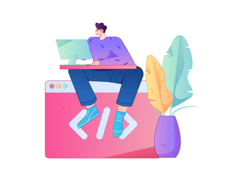 Programming teaching development flat character vector concept operation hand drawn illustration
