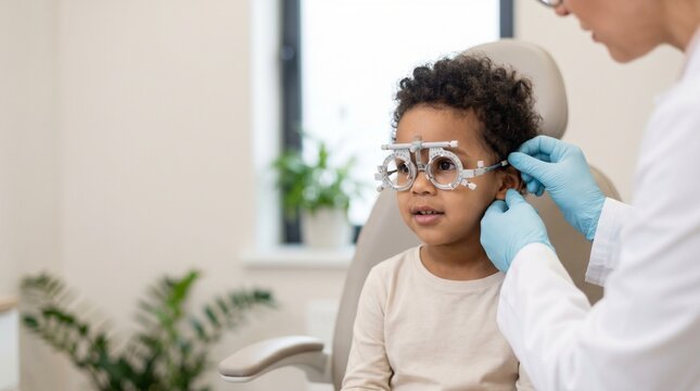 Child wearing trial frames during pediatric eye examination while doctor adjusts lenses, optometry clinic, vision testing and children&rsquo;s eye care concept.