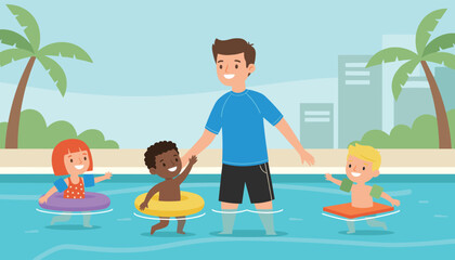 Obraz premium Male swimming instructor helping three happy kids learn to swim in a tropical outdoor pool with colorful swim rings.