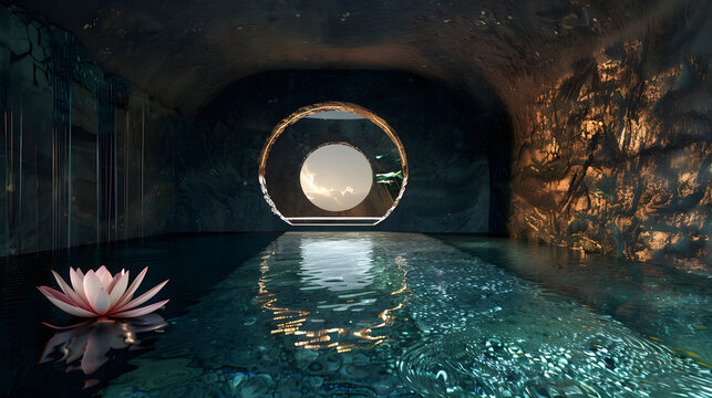 Mystical Underground Cave Pool with Floating Lotus Flower and Circular Moon Gate