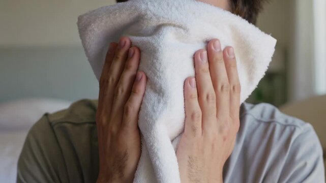 Holding white terry towel below nose, adult male raising and pressing towel over face in bedroom