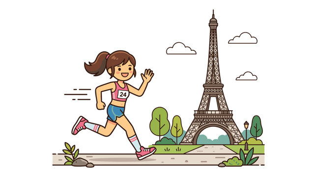 Cheerful Female Runner Crossing Finish Line Near Iconic Eiffel Tower in Vibrant Flat Design Vector Illustration running athlete sport paris
