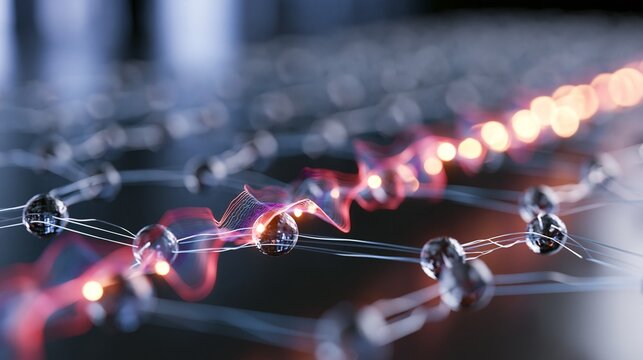 A close macro render of a nanowire lattice under electric field lines, showing charge modulation traveling along a narrow electronic channel. The scene uses translucent band-structure graphics, atomic