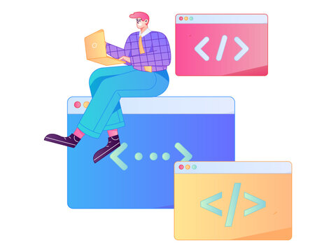 Programming teaching development flat character vector concept operation hand drawn illustration
