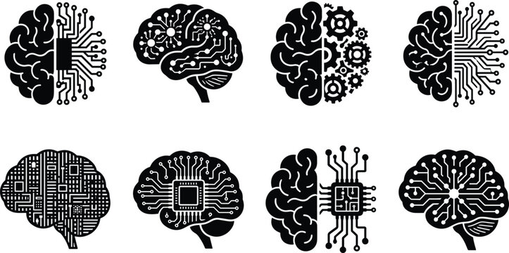 Artificial intelligence and human brain technology black silhouette icon set with circuit boards microchips and gears