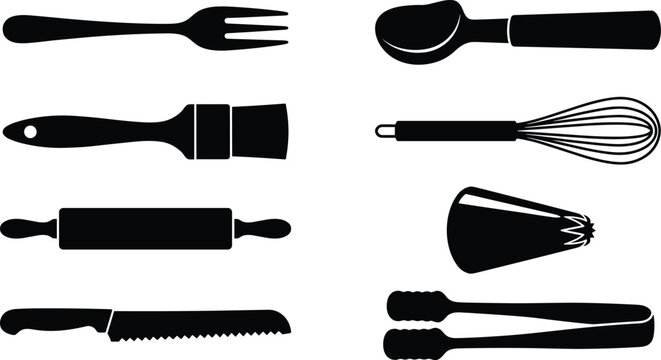 Baking tools and pastry utensils black silhouette icon set featuring rolling pin whisk pastry brush and piping tip