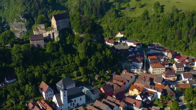 Aerial view of the old town in the city Pottenstein on a sunny noon in Spring in Germany