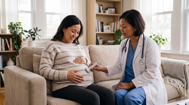 Prenatal Care: A pregnant woman smiles as a medical professional gently listens to her baby's heartbeat with a stethoscope during a home visit, fostering a sense of comfort and connection.