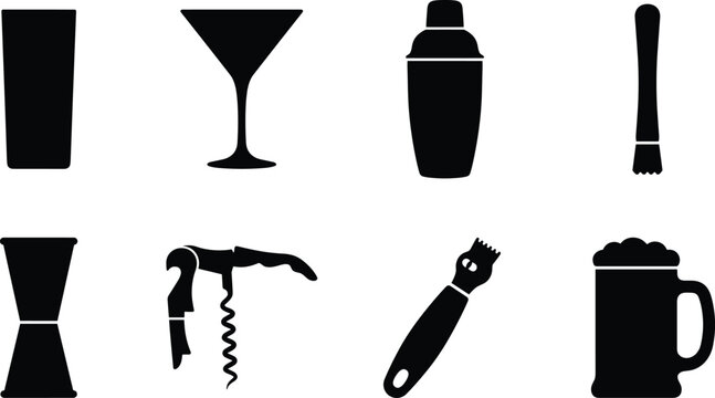 Bartender tools and barware accessory black silhouette icon set featuring cocktail shaker jigger and bottle opener