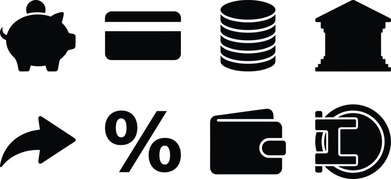 Banking finance and personal savings black silhouette icon set featuring piggy bank credit card wallet and bank vault door