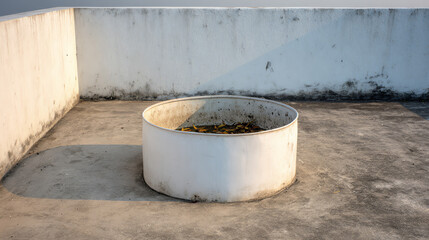 Naklejka premium A circular structure on a rooftop, featuring rough textures and shadows, indicative of urban architecture.