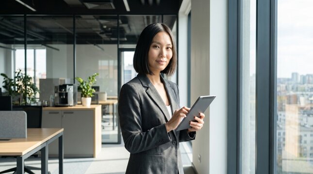 Smiling asian businesswoman standing with digital tablet in modern corporate office interior commercial worker manager executive portrait technology business career success