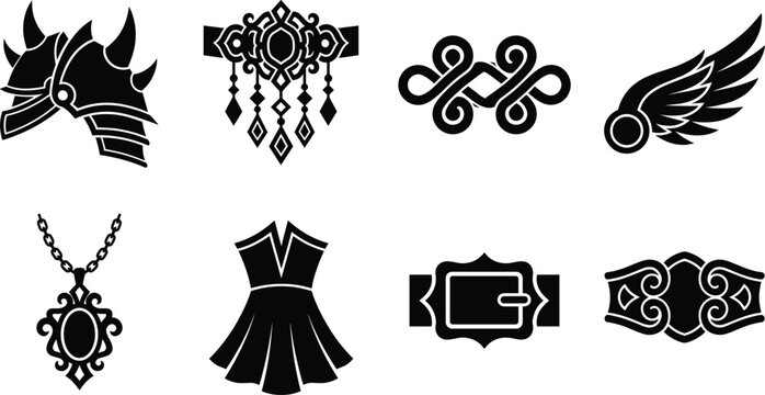 Fantasy game rpg icons set featuring warrior helmet amulet and dress isolated on white background