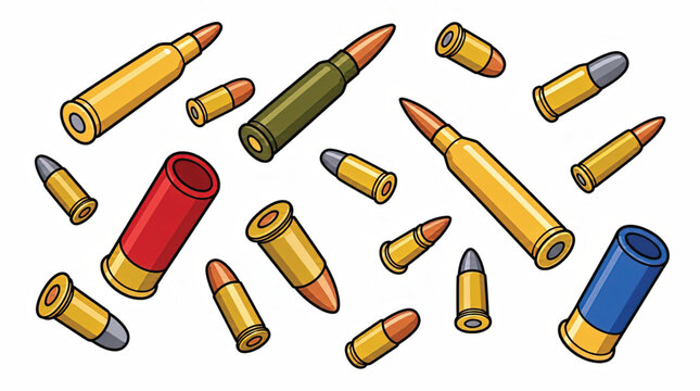 Colorful bullets and ammunition scattered.