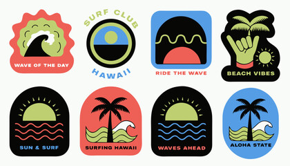 Collection of eight colorful surf stickers with tropical beach motifs and palm tree icons. © Sorna Moni