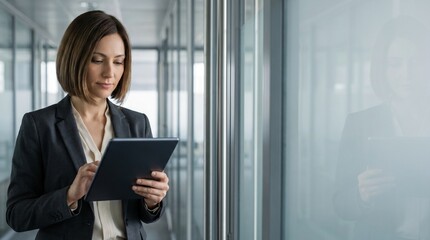 Fototapeta premium Businesswoman using digital tablet in modern office hallway executive corporate woman working online checking email managing financial project data success confident look elegant suit luxury