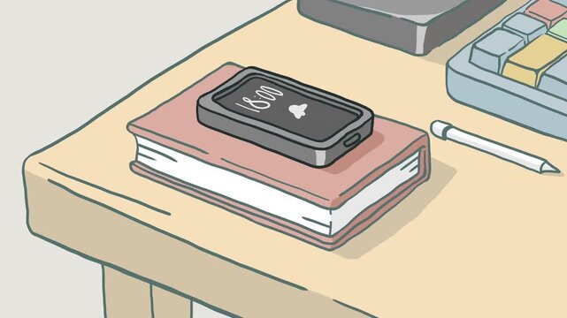 Cartoon line art looped 2d animation of a ringing alarm clock with a swinging bell on a mobile phone screen. Smartphone lies on a book upon a cozy office desk near a keyboard. Hand-drawn cute doodle.