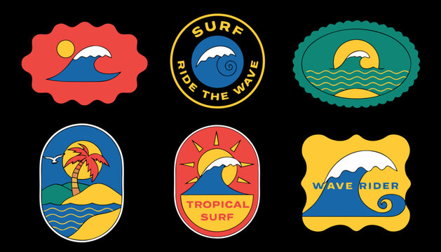 Six dark background surf emblems with stylized wave illustrations and sunset scenery icons.