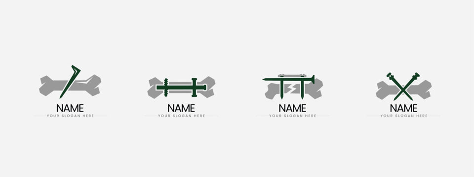 Medical orthopedic logo set featuring broken bones and surgical fixation hardware, orthopedic