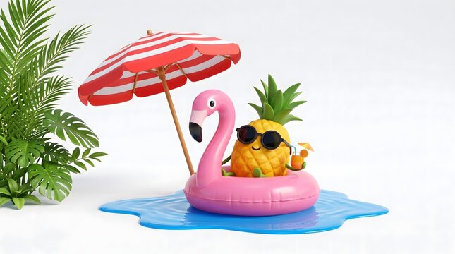 Cute 3D Pineapple Character with Sunglasses Holding Cocktail in Pink Flamingo Pool Float Under Beach Umbrella with Tropical Leaves on White Background