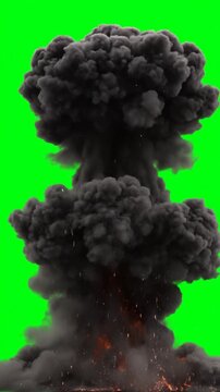 Large scale explosion with mushroom cloud isolated on green screen