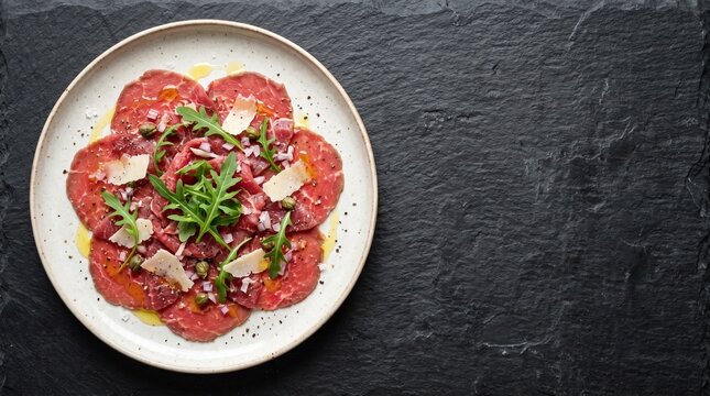 Premium beef carpaccio appetizer served on white round plate with fresh arugula, parmesan cheese shavings, capers, onions, and olive oil dressing. High quality commercial raw meat dish top view.