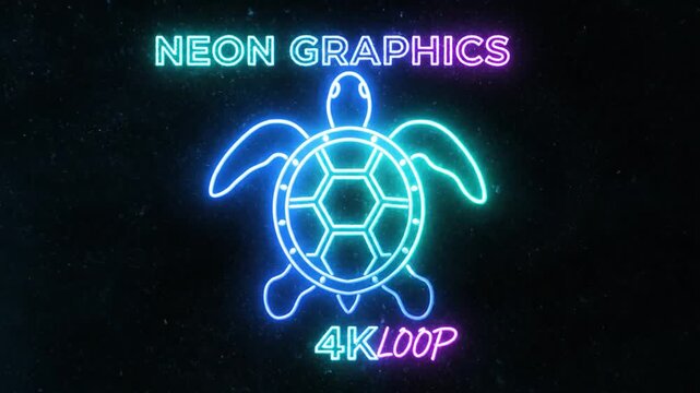 Glowing neon sea turtle graphic animation on a dark background