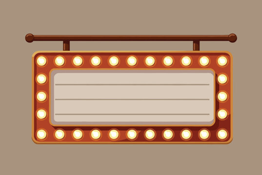 Vintage light box theater marquee sign with glowing yellow bulbs hangs elegantly against a warm brown studio background.