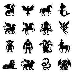 Naklejka premium A collection of sixteen black silhouette depicting legendary mythical creatures, monsters, and folklore beings on a plain white background