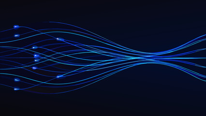 Wavy blue lines with bright nodes against a dark background a digital illustration style abstract azure bandwidth circuitry © Kapil