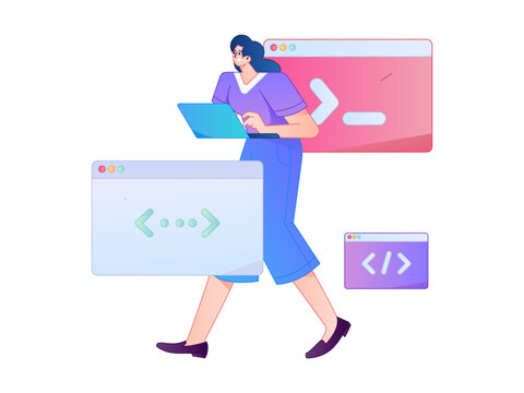 Programming teaching development flat character vector concept operation hand drawn illustration
