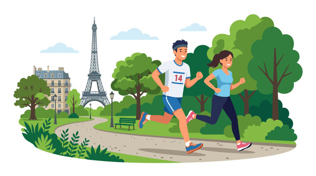 Joyful Couple Running Together in Paris Park with Eiffel Tower Background Vector Illustration jogging people athletes outdoor exercise tracing clean