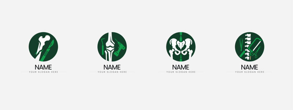 Set of orthopedic surgery medical logos featuring surgical tools and human anatomy, medical equipmen