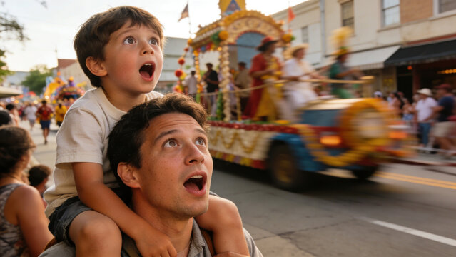 Father and Son Enjoying a Lively Parade on a Sunny Day