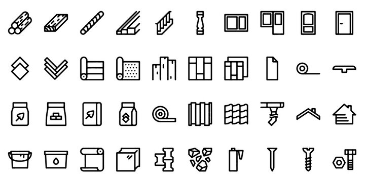 Construction Materials Line Icons Set &ndash; Building Tools, Floor, Roof and House Material Vector Icons
