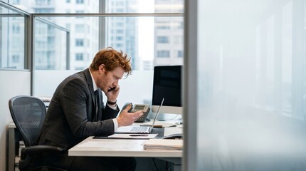 Fototapeta premium Frustrated red-haired businessman talking on mobile phone looking at laptop in modern cubicle office