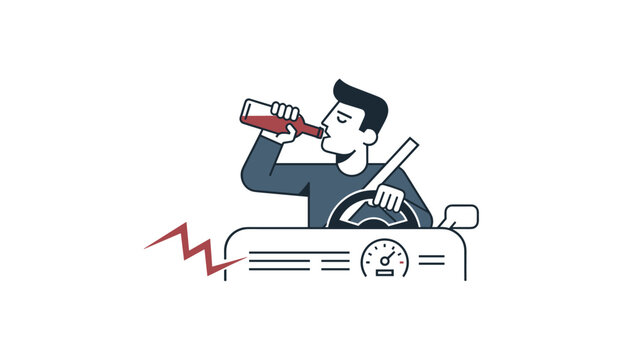Careless male driver drinking alcohol directly from a bottle while driving a car representing the danger of drunk driving.