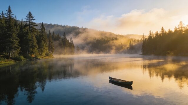 Serene Canoe on Misty Lake at Sunrise, Forest Reflection, Tranquil Nature Scenery