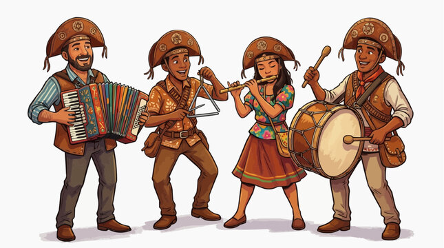 Musicians playing *forr&oacute; p&eacute; de serra*, a musical genre typical of Northeastern Brazil. The figures wear traditional attire, including leather hats commonly associated with *sertanejo* culture.