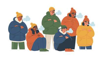 Fototapeta premium Group of diverse people shivering in heavy winter coats and blowing out visible cold breath during a freezing winter day.