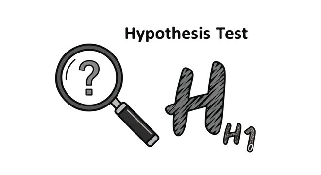 Conceptual Illustration of a Hypothesis Test with Magnifying Glass and H0 H1 Symbols.