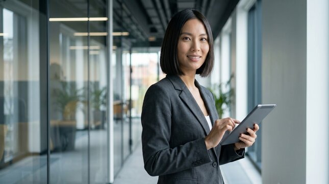Portrait of smiling Asian business woman with tablet looking at camera in office corridor. Confident female corporate executive posing in modern open space company center