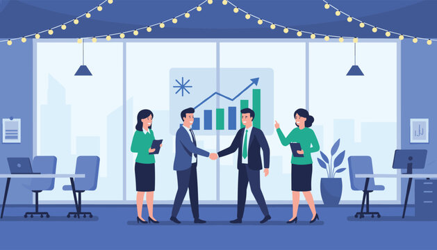 Successful business partners shaking hands in a modern office with colleagues celebrating near a rising bar chart.